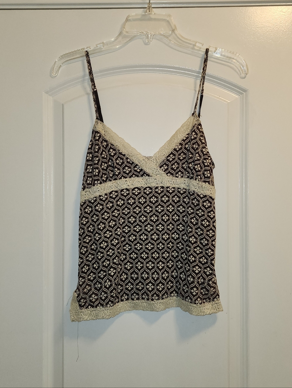 Unbranded Lace-Trim Printed Cami Tank Top in Brown & Cream Y2k 90's Style Sz S/M